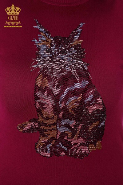 Maglione di maglieria delle donne all'ingrosso con il modello del gatto viola chiaro-16910 / KAZEE - Thumbnail