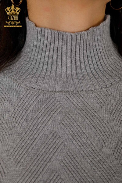 Maglione a maglia da donna all'ingrosso con motivo grigio legato a corda sui lati - 30000 / KAZEE - Thumbnail