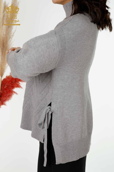 Maglione a maglia da donna all'ingrosso con motivo grigio legato a corda sui lati - 30000 / KAZEE - Thumbnail