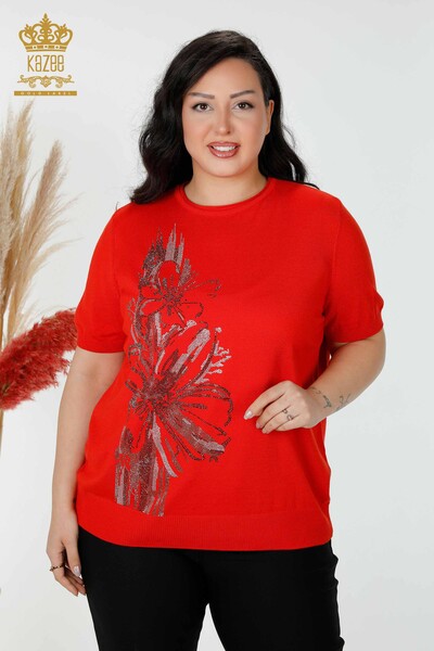 Maglione a maglia da donna all'ingrosso con motivo floreale ricamato in pietra Coral-16907 / KAZEE 