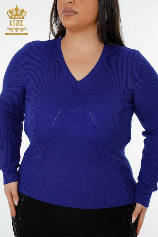 Maglione a maglia da donna con scollo a V blu scuro-16249 / KAZEE