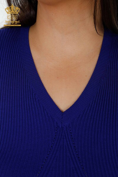 Maglione a maglia da donna con scollo a V blu scuro-16249 / KAZEE - Thumbnail