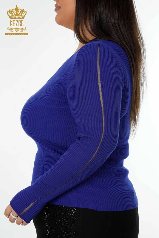 Maglione a maglia da donna con scollo a V blu scuro-16249 / KAZEE