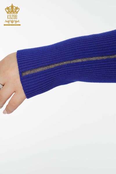 Maglione a maglia da donna con scollo a V blu scuro-16249 / KAZEE - Thumbnail
