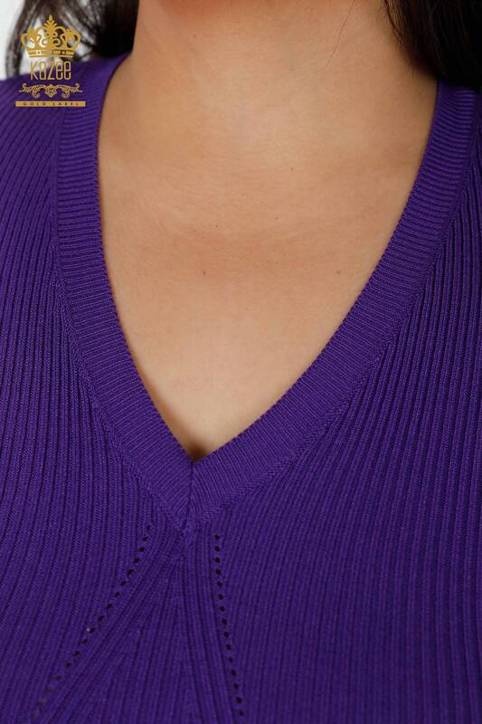 Maglione a maglia da donna all'ingrosso con scollo a V viola-16249 / KAZEE
