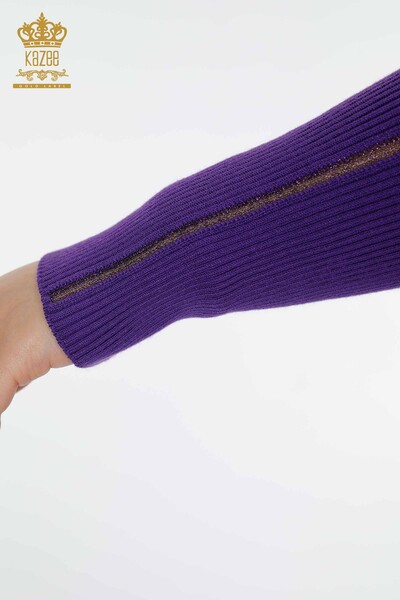 Maglione a maglia da donna all'ingrosso con scollo a V viola-16249 / KAZEE - Thumbnail