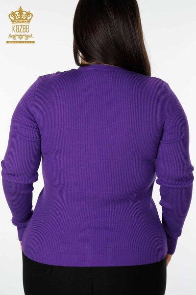 Maglione a maglia da donna all'ingrosso con scollo a V viola-16249 / KAZEE - Thumbnail