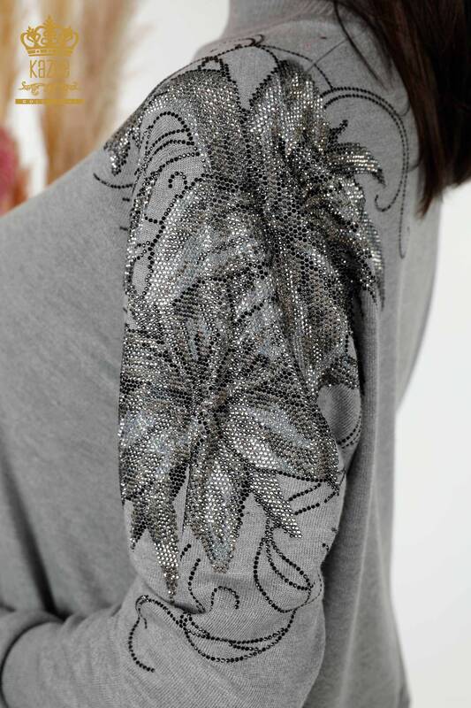 Spalla maglione maglieria donna all'ingrosso grigio con dettaglio floreale-16597 / KAZEE