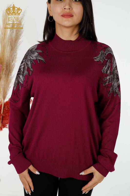 Commercio all'ingrosso maglia maglione spalla floreale dettagliata Magenta-16597 / KAZEE