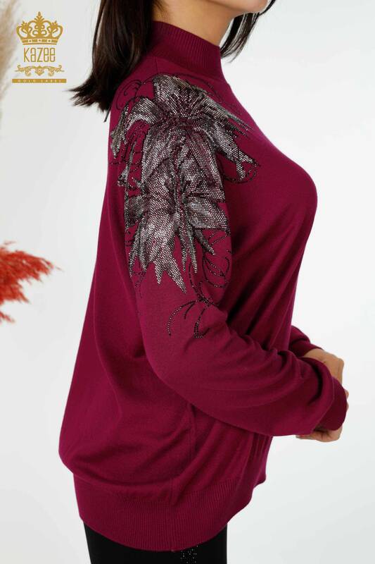 Commercio all'ingrosso maglia maglione spalla floreale dettagliata Magenta-16597 / KAZEE