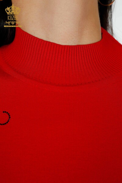 Spalla del maglione della maglieria delle donne all'ingrosso rosso con dettaglio floreale-16597 / KAZEE - Thumbnail