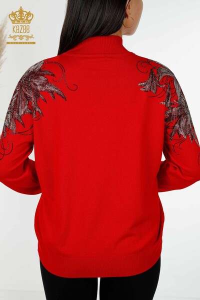 Spalla del maglione della maglieria delle donne all'ingrosso rosso con dettaglio floreale-16597 / KAZEE - Thumbnail