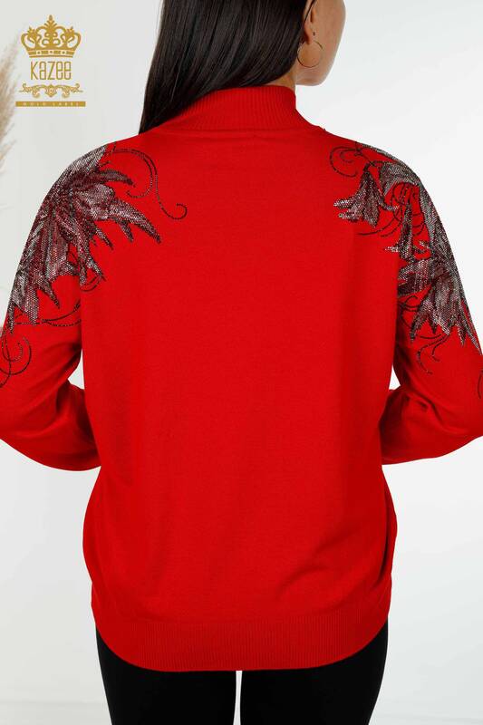 Spalla del maglione della maglieria delle donne all'ingrosso rosso con dettaglio floreale-16597 / KAZEE