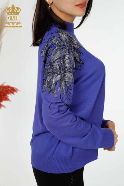 Maglione maglieria donna all'ingrosso con dettaglio fiore spalla viola-16597 / KAZEE - Thumbnail