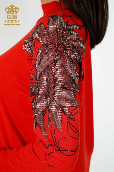 Maglione di maglieria delle donne all'ingrosso con il dettaglio del fiore della spalla Coral-16597 / KAZEE - Thumbnail
