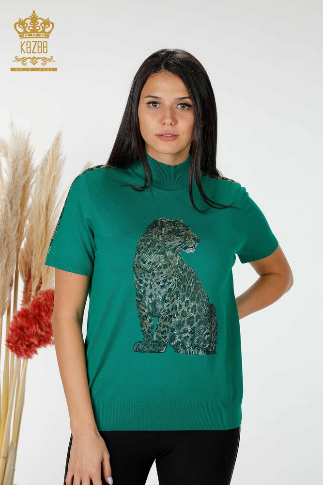 Maglione di maglieria delle donne all'ingrosso con il modello della tigre verde-16999 / KAZEE - 1