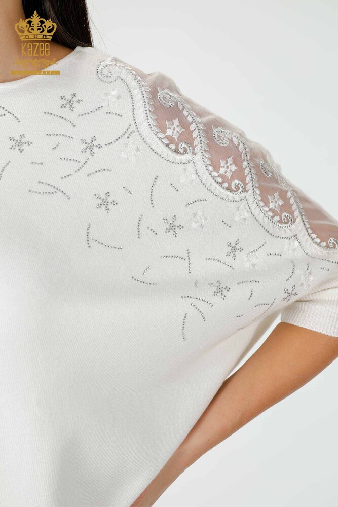 Maglione a maglia da donna all'ingrosso con dettaglio in tulle Ecru -16826 / KAZEE - 6