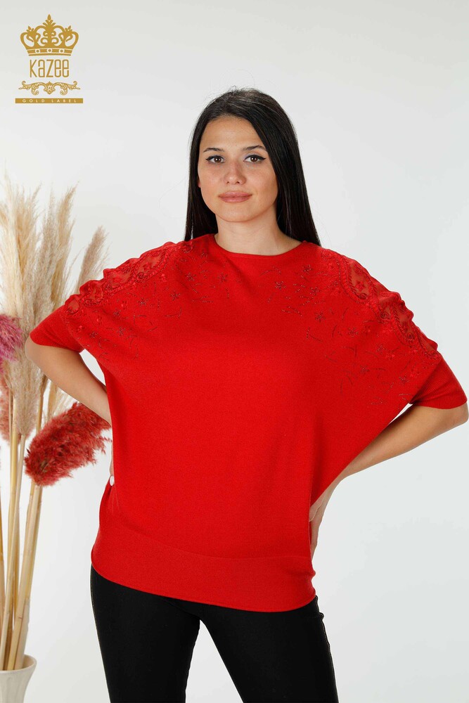 Maglione a maglia da donna all'ingrosso con dettaglio in tulle-Rosso-16826 | KAZEE - 1