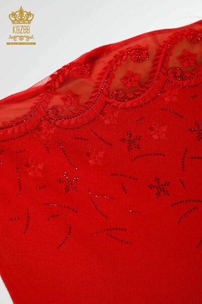 Maglione a maglia da donna all'ingrosso con dettaglio in tulle-Rosso-16826 | KAZEE - 5
