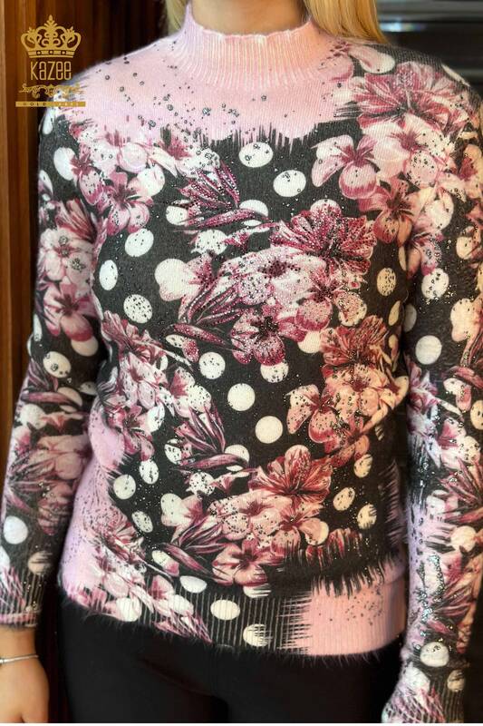 Maglione delle donne all'ingrosso Angora stampa digitale Rosa-16003 / KAZEE