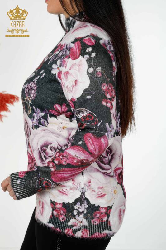 Maglione delle donne all'ingrosso Angora floreale fantasia Magenta-16010 | KAZEE