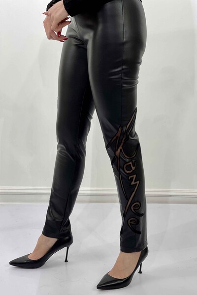 Pantaloni da donna all'ingrosso con elastico in vita con dettaglio in pelle - 3380 / KAZEE - Thumbnail