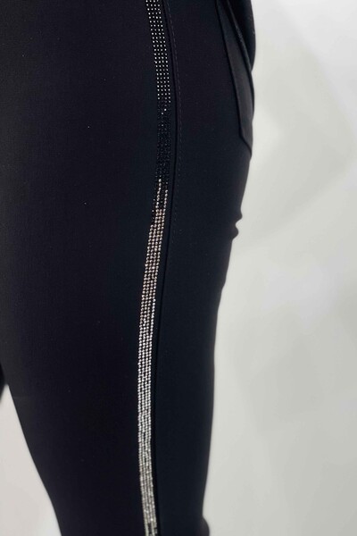 Pantaloni da donna all'ingrosso a righe ricamate con pietra di cristallo - 3417 / KAZEE - Thumbnail