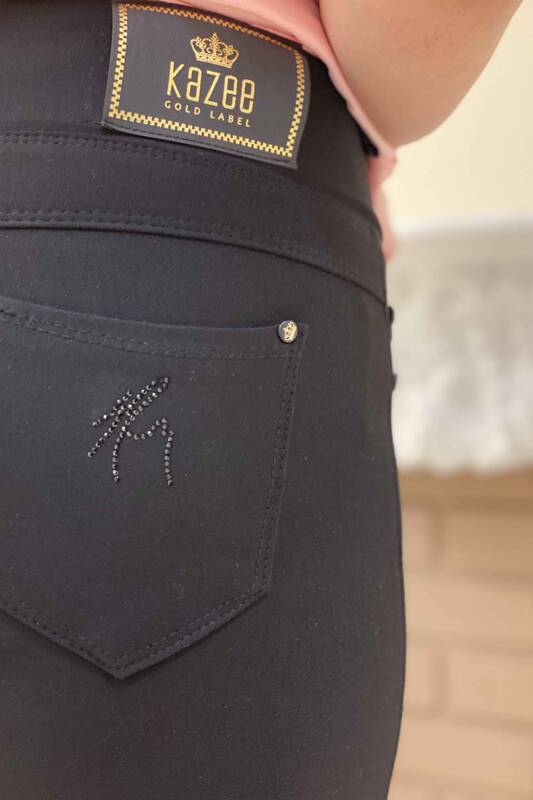 Pantaloni da donna all'ingrosso con cintura nera ricamata in pietra - 3201 / KAZEE