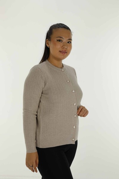 Crew Neck Buttoned Long Sleeve Knitted Cardigan Mink - 31070 | KAZEE - 3
