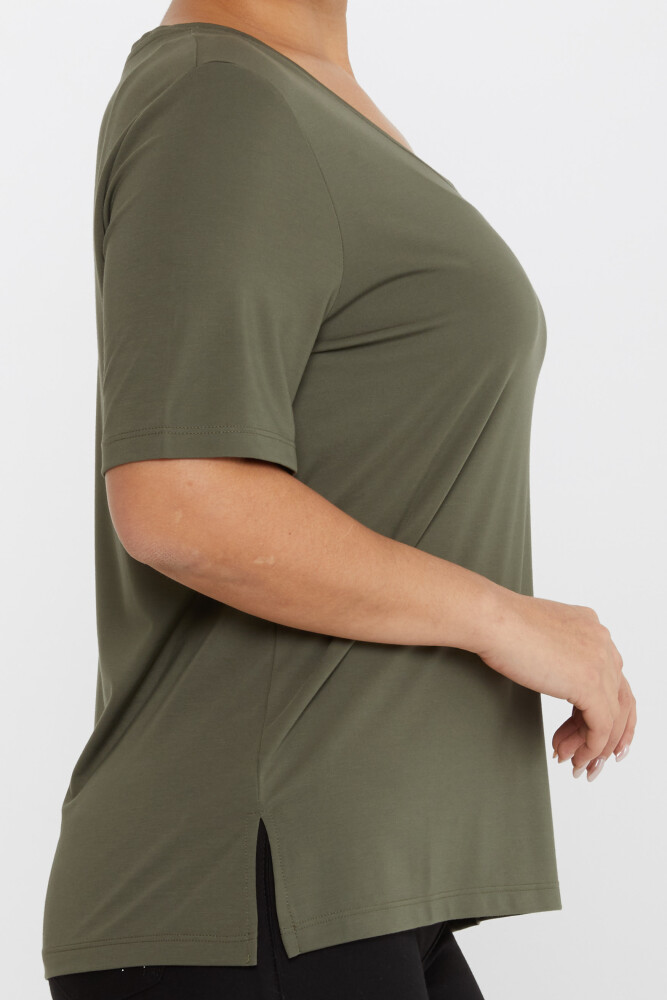 Bluză cu mânecă scurtă detaliu fante Kaki - 80015 | KAZEE (Set de 3 L-XL-2XL) - 4