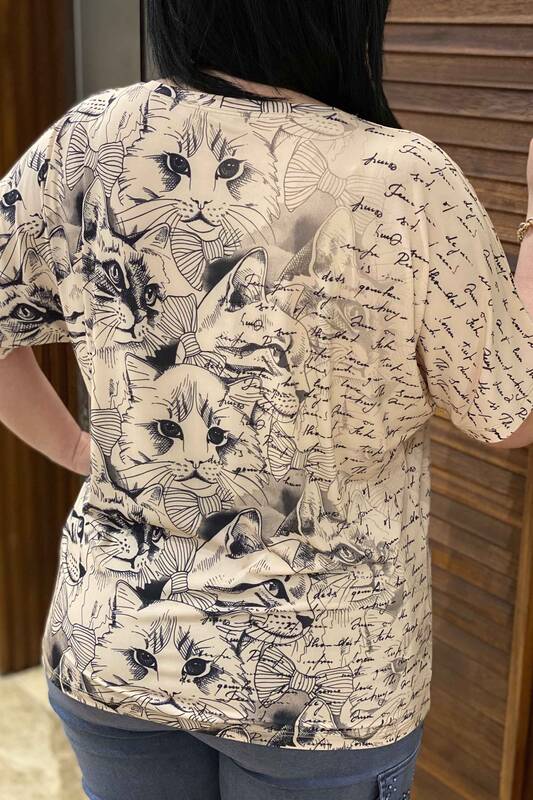 Digital Printed Beige Cat Detailed Combed Cotton 77276