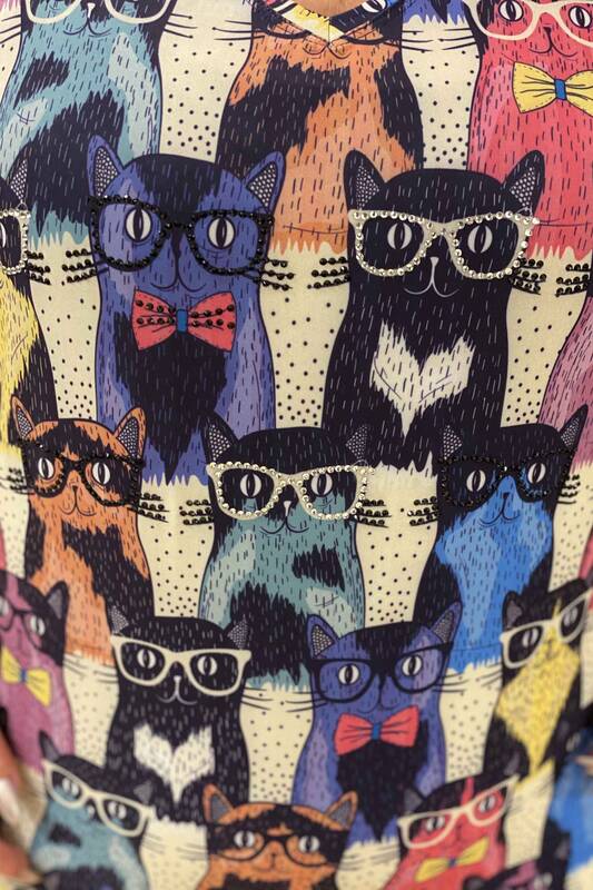 Digital Printed Crystal Stone Embroidered Cat Detailed Combed Cotton 76785