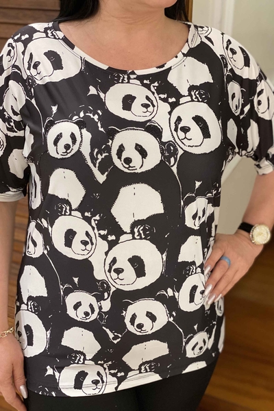 Toptan Kadın Bluz Panda Baskılı Taş İşleme Detaylı - 77372 | Kazee - Thumbnail