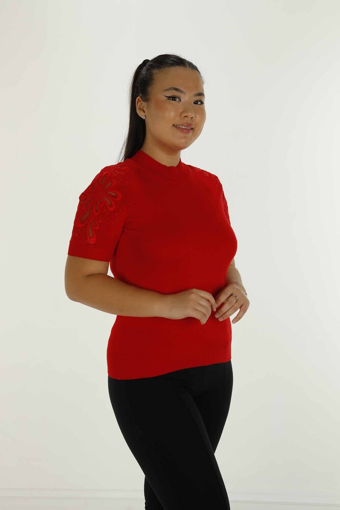 Dik Yaka Kısa Kol Nakışlı Triko Kırmızı - 30923 | KAZEE - 1