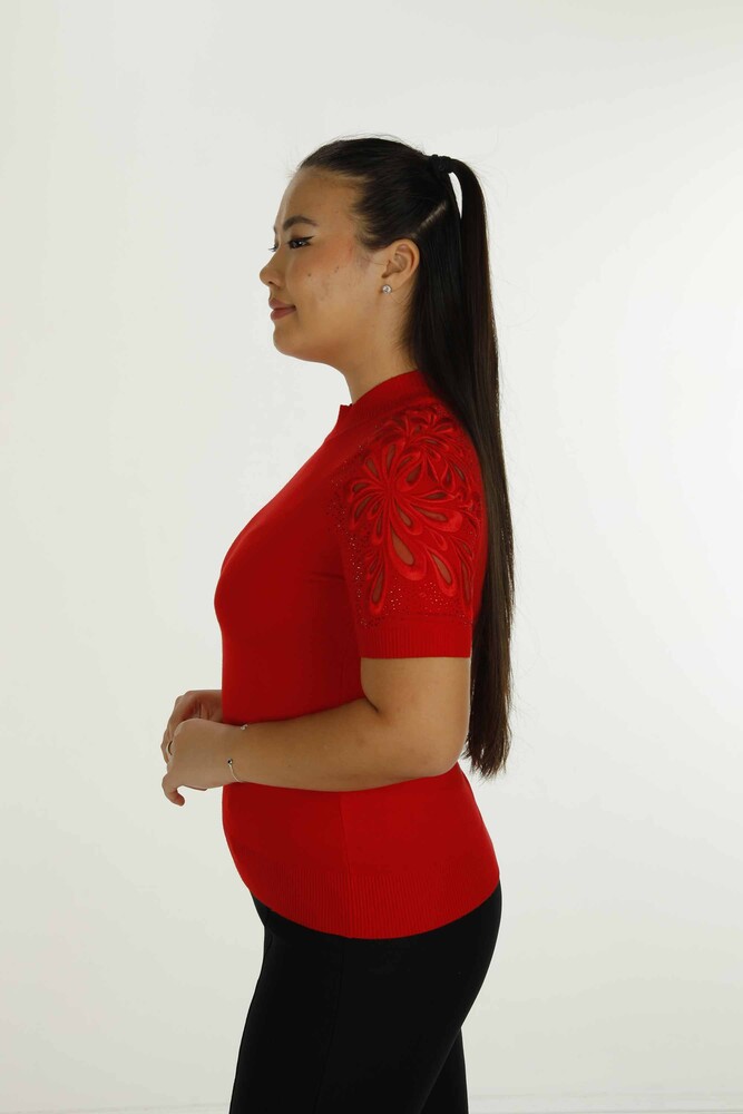Dik Yaka Kısa Kol Nakışlı Triko Kırmızı - 30923 | KAZEE - 4