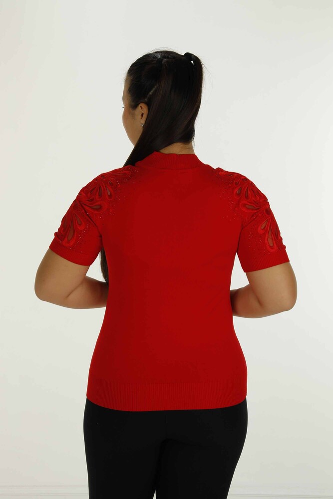 Dik Yaka Kısa Kol Nakışlı Triko Kırmızı - 30923 | KAZEE - 7