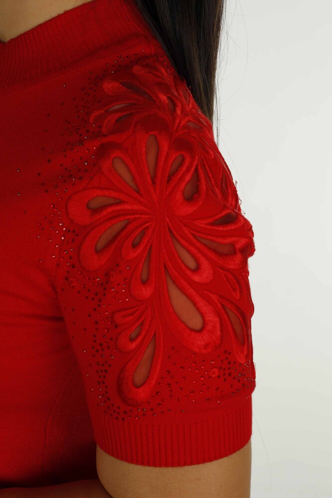 Dik Yaka Kısa Kol Nakışlı Triko Kırmızı - 30923 | KAZEE - 6