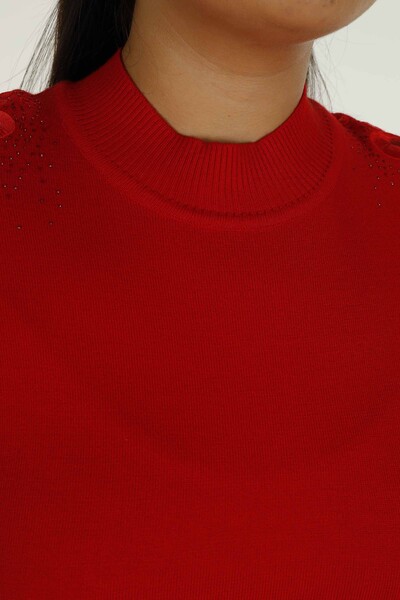 Dik Yaka Kısa Kol Nakışlı Triko Kırmızı - 30923 | KAZEE - 5