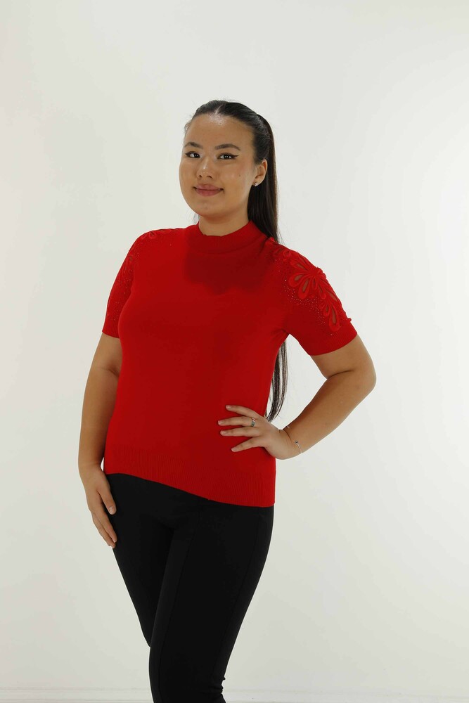 Dik Yaka Kısa Kol Nakışlı Triko Kırmızı - 30923 | KAZEE - 2
