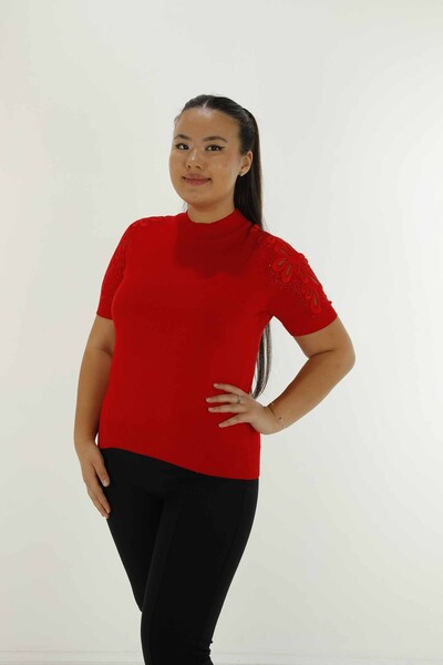 Dik Yaka Kısa Kol Nakışlı Triko Kırmızı - 30923 | KAZEE - 2