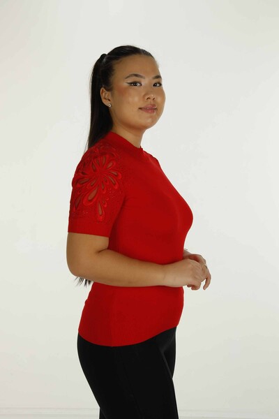 Dik Yaka Kısa Kol Nakışlı Triko Kırmızı - 30923 | KAZEE - 3