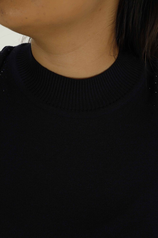 Dik Yaka Kısa Kol Nakışlı Triko Lacivert - 30923 | KAZEE - 4