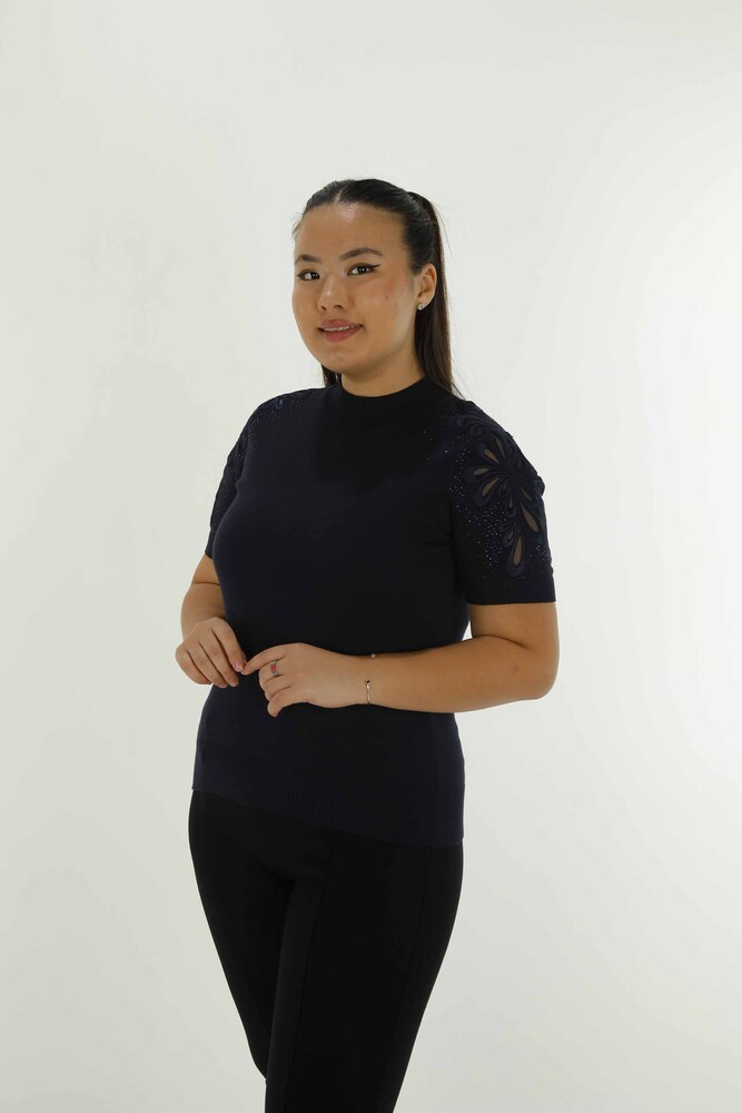 Dik Yaka Kısa Kol Nakışlı Triko Lacivert - 30923 | KAZEE - 1