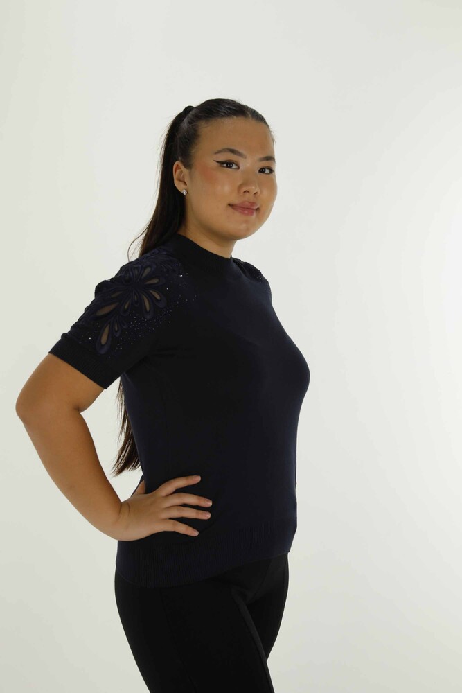 Dik Yaka Kısa Kol Nakışlı Triko Lacivert - 30923 | KAZEE - 2