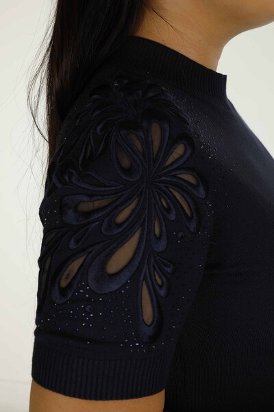 Dik Yaka Kısa Kol Nakışlı Triko Lacivert - 30923 | KAZEE - 5