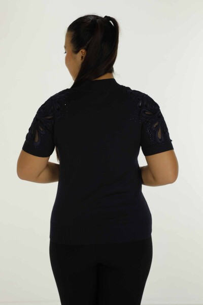 Dik Yaka Kısa Kol Nakışlı Triko Lacivert - 30923 | KAZEE - 6