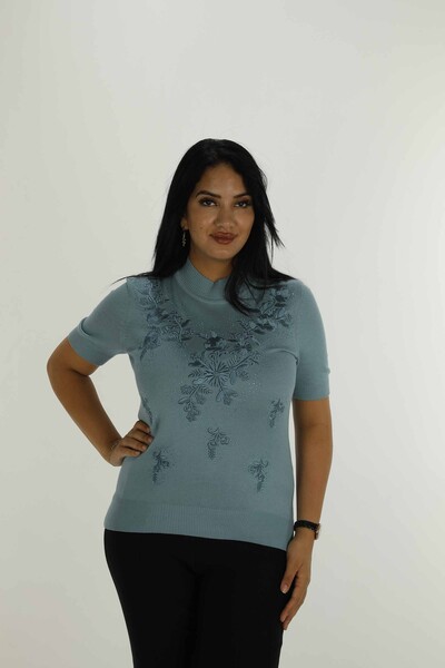 Dik Yaka Kısa Kol Nakışlı Triko Mint - 30932 | KAZEE - Kazee