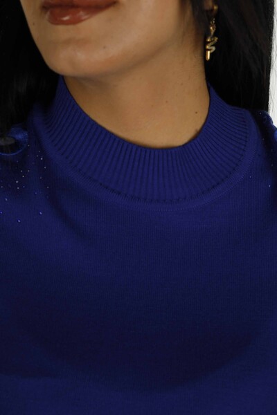 Dik Yaka Kısa Kol Nakışlı Triko Saks - 30923 | KAZEE - 4