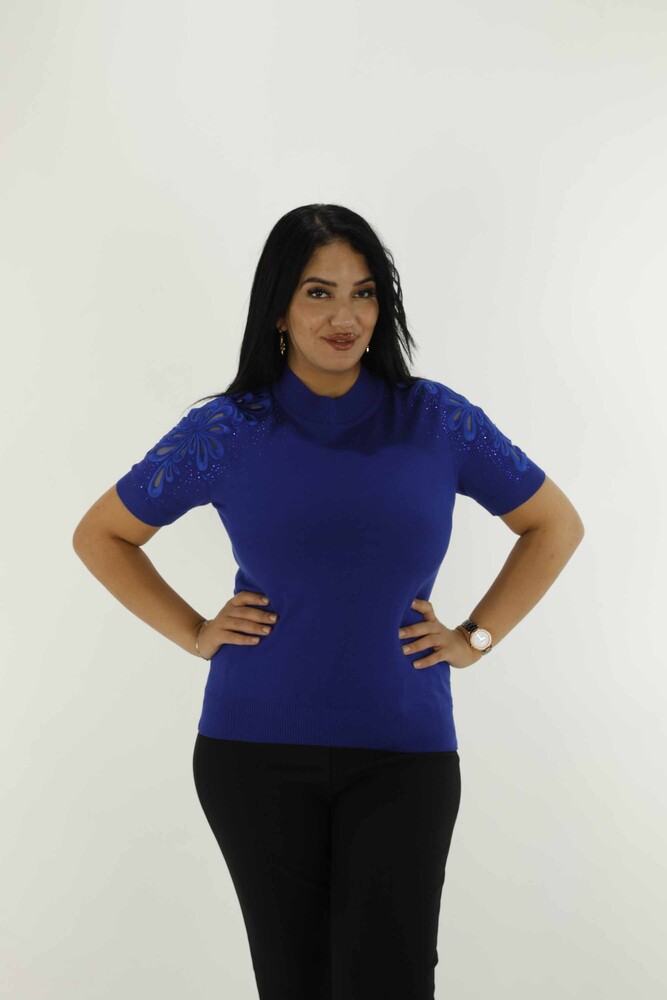 Dik Yaka Kısa Kol Nakışlı Triko Saks - 30923 | KAZEE - 2