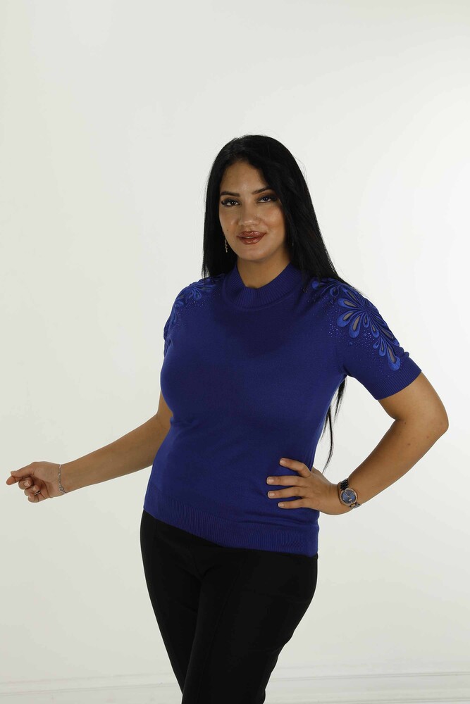 Dik Yaka Kısa Kol Nakışlı Triko Saks - 30923 | KAZEE - 1